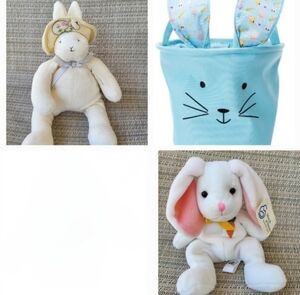 Canvas Easter Basket & Two Vintage Plush Bunny Bunnies  PLEASE SEE PICS